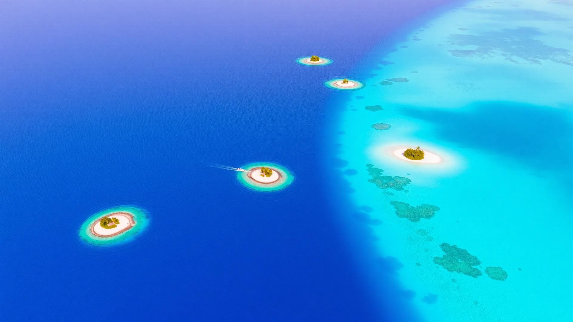 Aerial view of small sand-fringed islands scattered across a reef sea