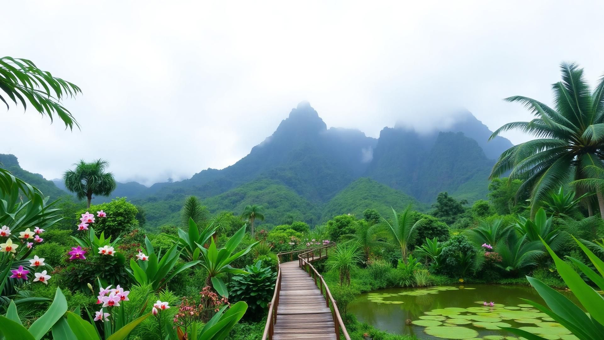 Orchid garden boardwalk beneath a mist-covered volcanic ridge