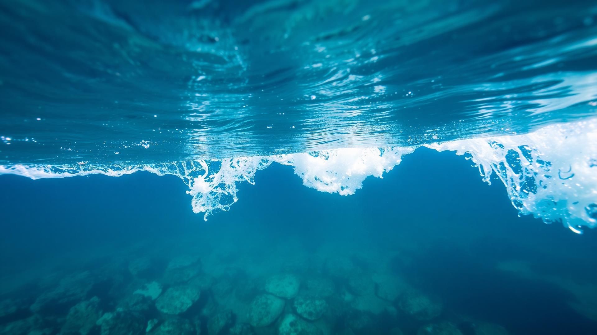 Underwater view of the sea surface with sunlight breaking over reef